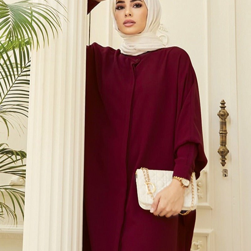 Elegant Batwing Sleeve Maxi Dress with Hidden Button Front | Adjustable Cuff Design(MA316) - Mariam's Collection