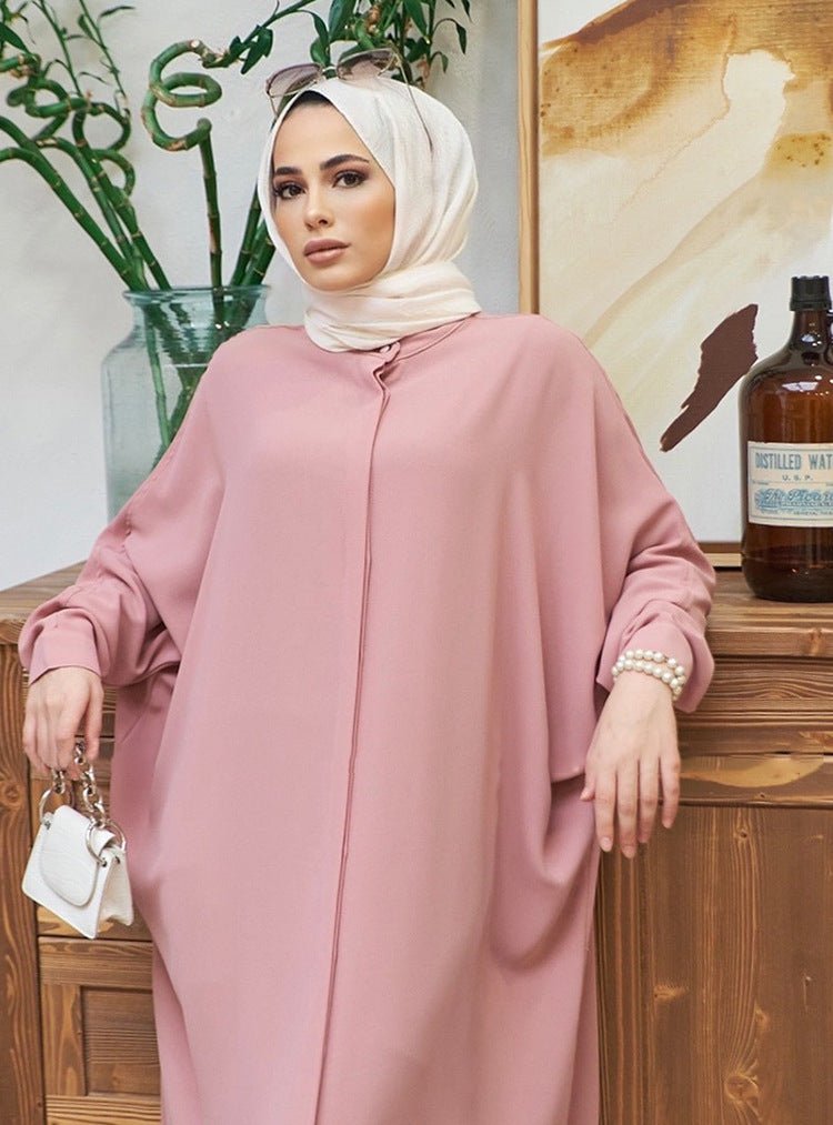 Elegant Batwing Sleeve Maxi Dress with Hidden Button Front | Adjustable Cuff Design(MA316) - Mariam's Collection