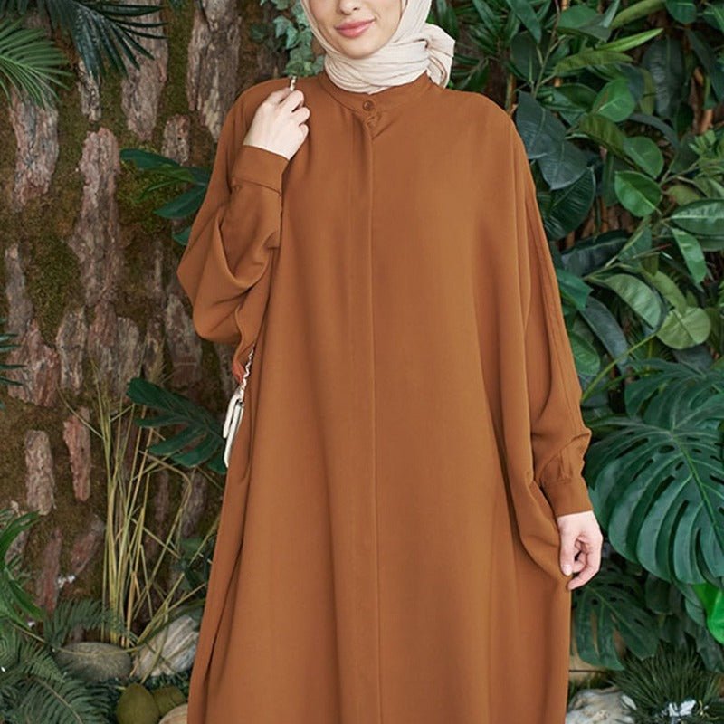 Elegant Batwing Sleeve Maxi Dress with Hidden Button Front | Adjustable Cuff Design(MA316) - Mariam's Collection