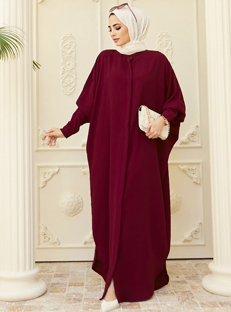 Elegant Batwing Sleeve Maxi Dress with Hidden Button Front | Adjustable Cuff Design(MA316) - Mariam's Collection