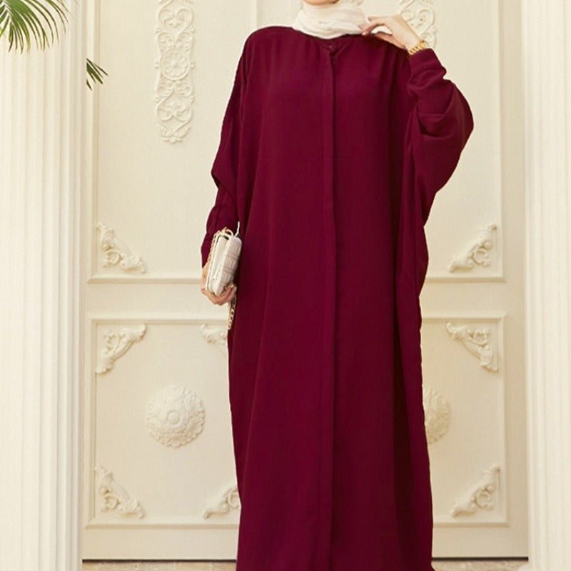 Elegant Batwing Sleeve Maxi Dress with Hidden Button Front | Adjustable Cuff Design(MA316) - Mariam's Collection