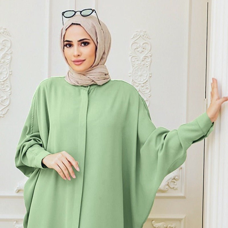 Elegant Batwing Sleeve Maxi Dress with Hidden Button Front | Adjustable Cuff Design(MA316) - Mariam's Collection