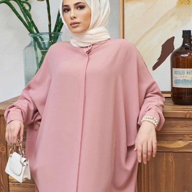 Elegant Batwing Sleeve Maxi Dress with Hidden Button Front | Adjustable Cuff Design(MA316) - Mariam's Collection