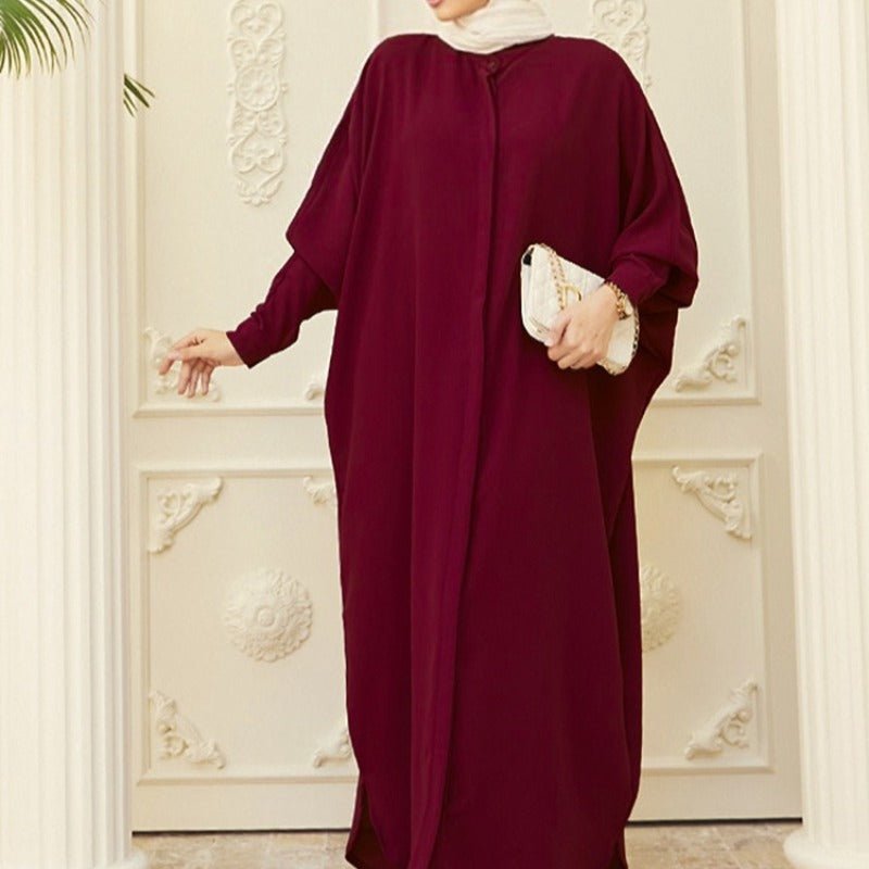 Elegant Batwing Sleeve Maxi Dress with Hidden Button Front | Adjustable Cuff Design(MA316) - Mariam's Collection