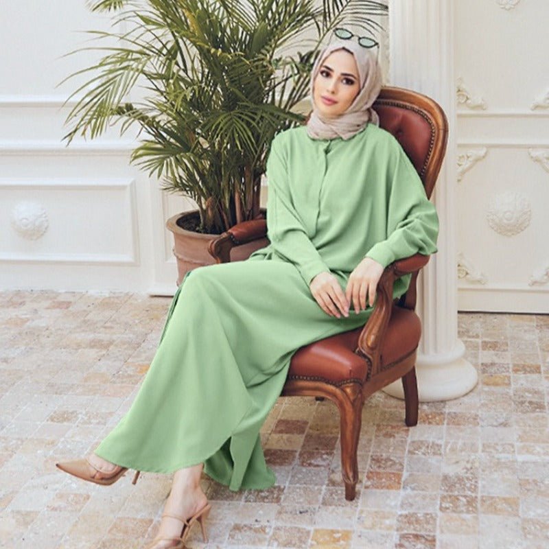 Elegant Batwing Sleeve Maxi Dress with Hidden Button Front | Adjustable Cuff Design(MA316) - Mariam's Collection