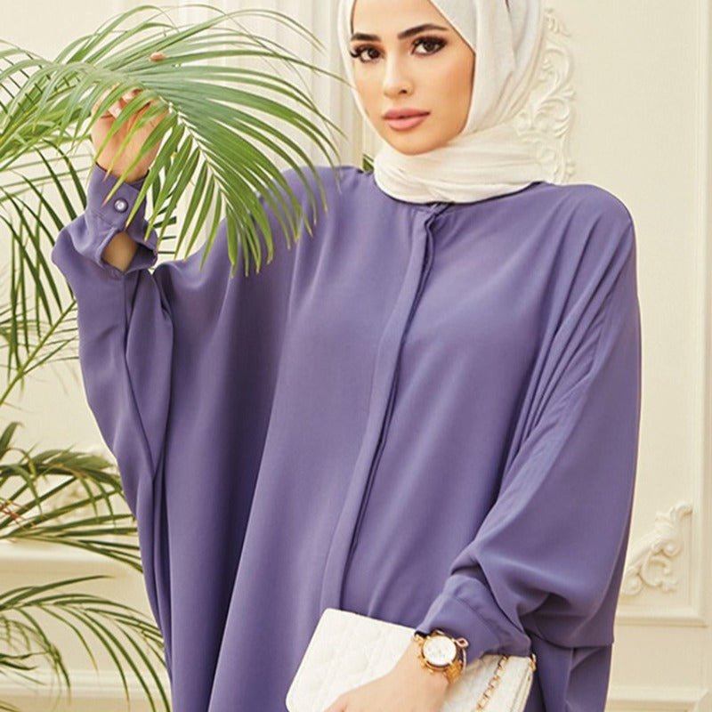 Elegant Batwing Sleeve Maxi Dress with Hidden Button Front | Adjustable Cuff Design(MA316) - Mariam's Collection