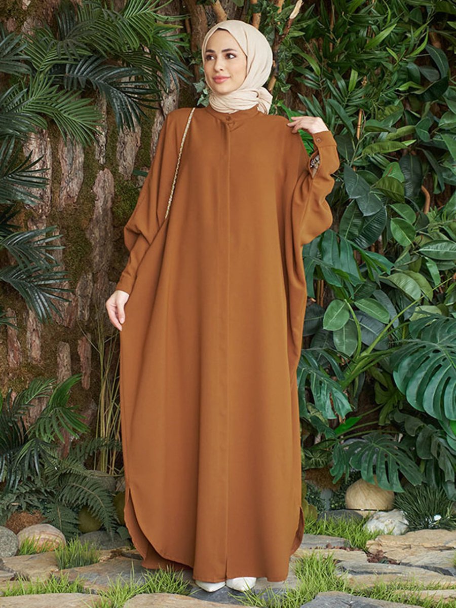 Elegant Batwing Sleeve Maxi Dress with Hidden Button Front | Adjustable Cuff Design(MA316) - Mariam's Collection