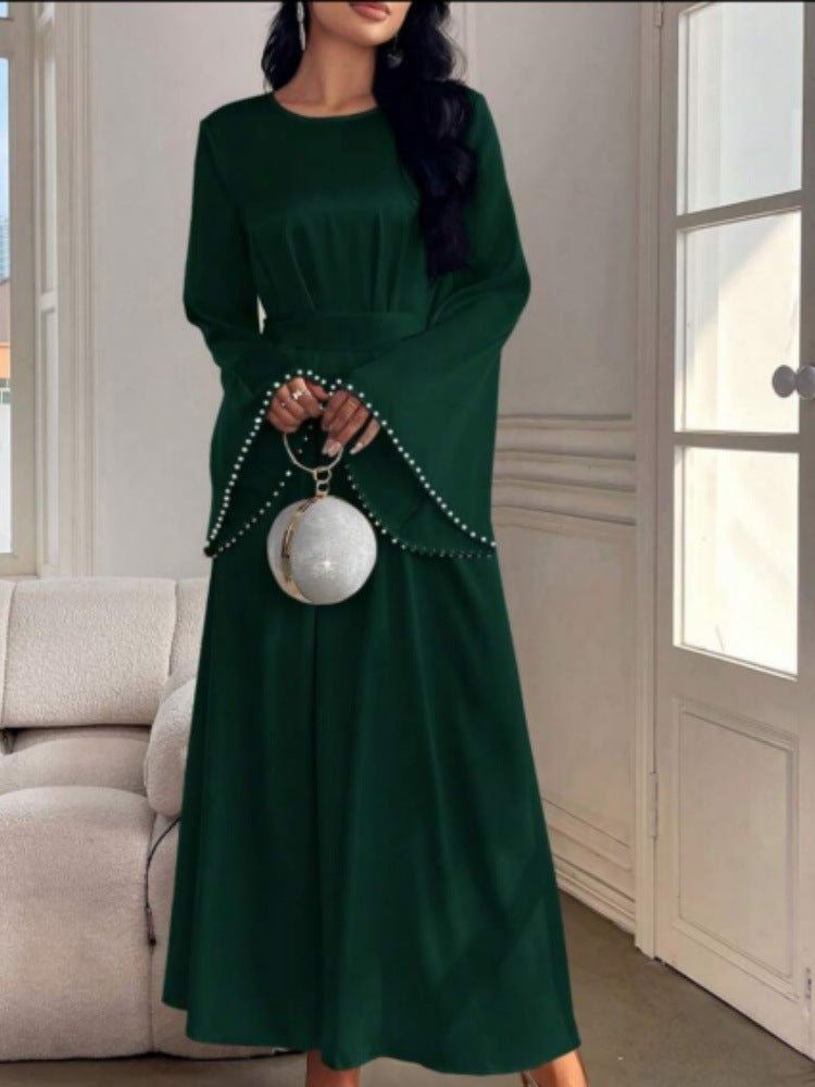 Elegant Beaded Pear Long Sleeve Maxi Dress Abaya with Flared Cuffs & Waist Tie (MA200), Dark green / L Elegant Beaded Pear Long Sleeve Maxi Dress Abaya with Flared Cuffs & Waist Tie (MA200), Dark green / L