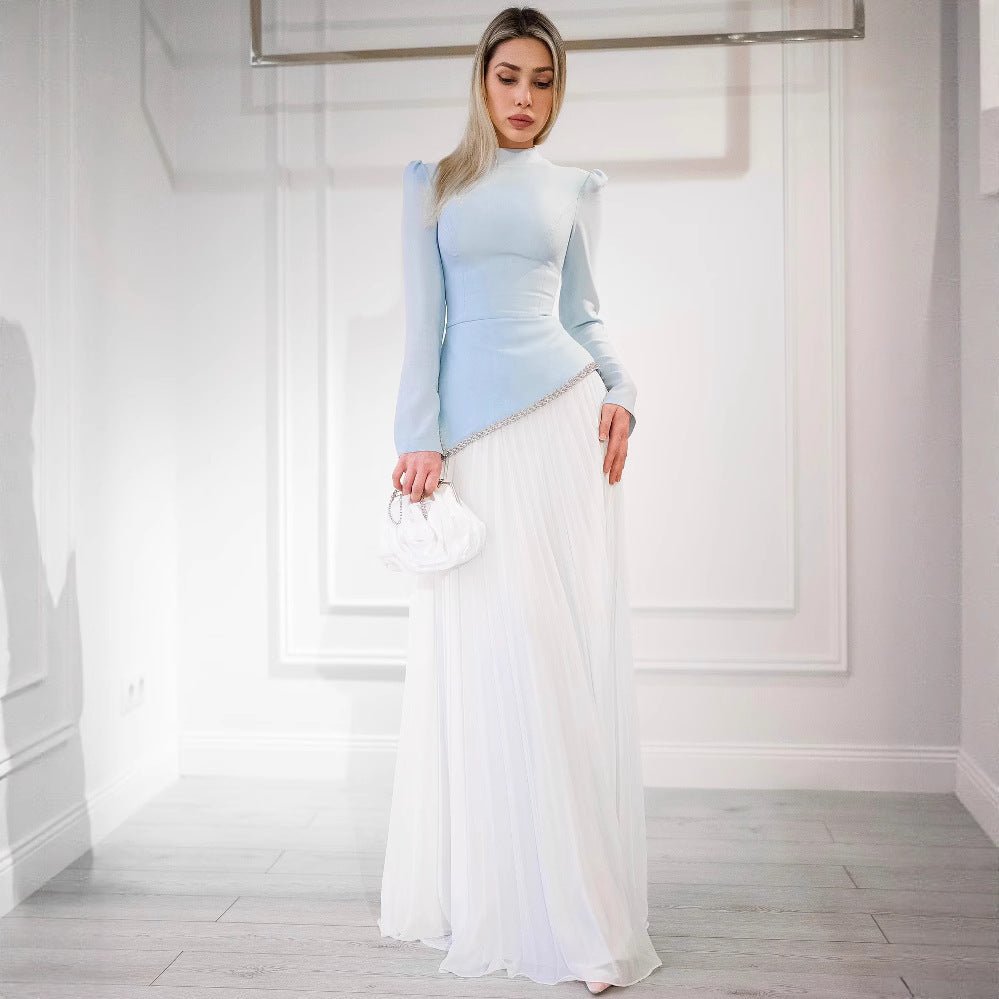 Elegant Blue White Chiffon Evening Dress