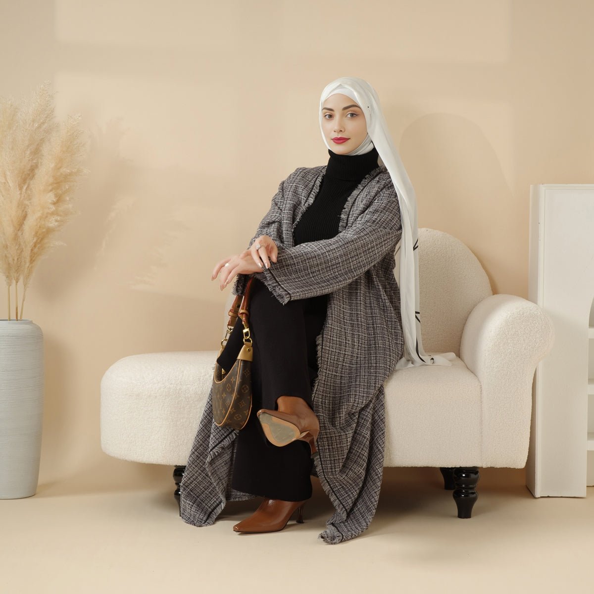 Elegant Chanel Inspired Fringed Plaid Tweed Open Abaya Coat (MOA104) - Mariam's Collection