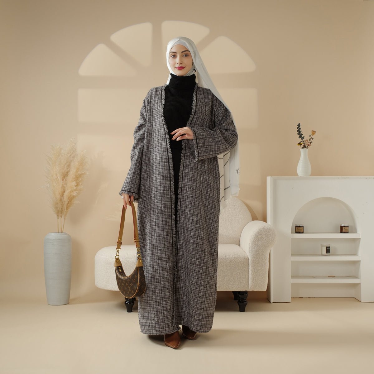 Elegant Chanel Inspired Fringed Plaid Tweed Open Abaya Coat (MOA104) - Mariam's Collection