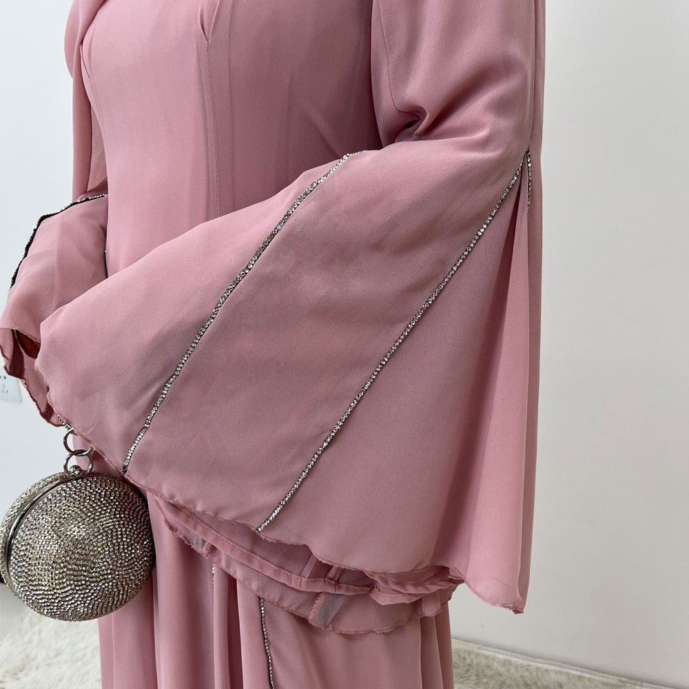 Elegant Chiffon Abaya Set with Hijab | Round Neck Bell Sleeve Maxi Dress with Rhinestone Trim(MA325) - Mariam's Collection