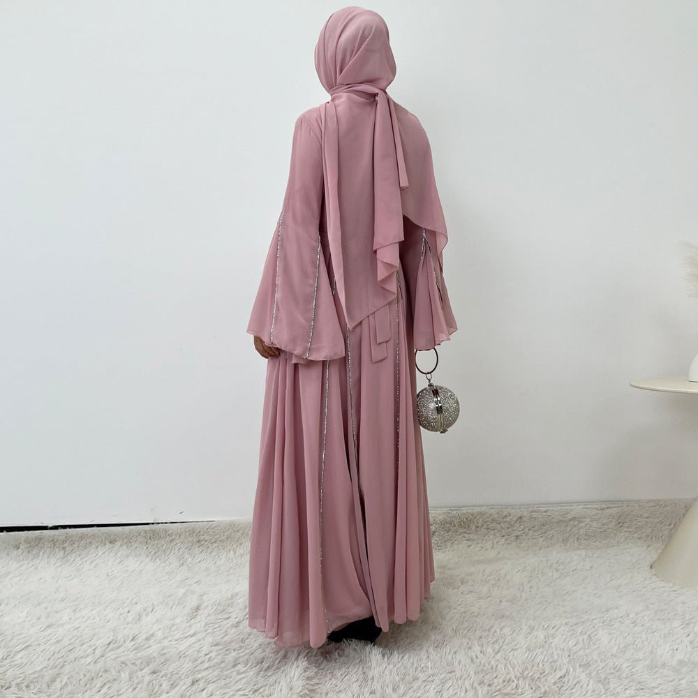 Elegant Chiffon Abaya Set with Hijab | Round Neck Bell Sleeve Maxi Dress with Rhinestone Trim(MA325) - Mariam's Collection