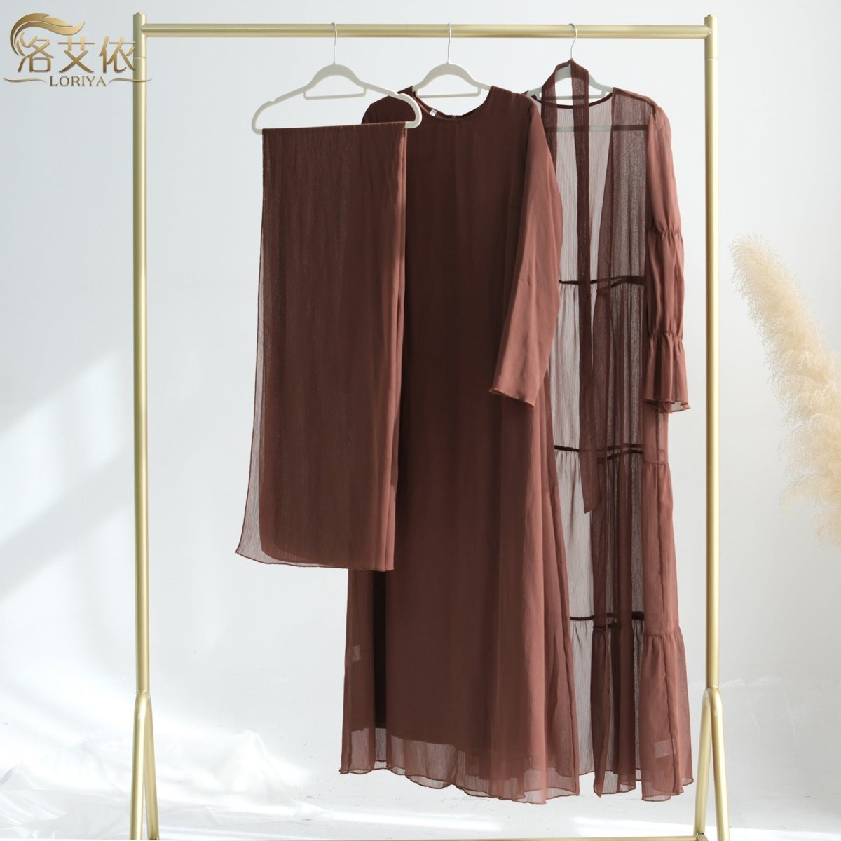Elegant Chiffon Wrinkle Three - Piece Set Modest Muslim Abaya (MOA155) - Mariam's Collection
