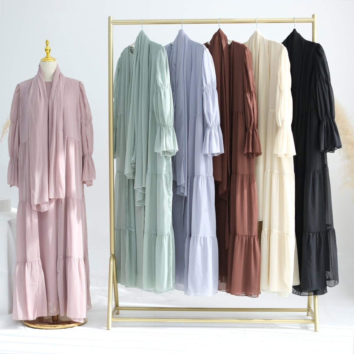 Elegant Chiffon Wrinkle Three - Piece Set Modest Muslim Abaya (MOA155) - Mariam's Collection
