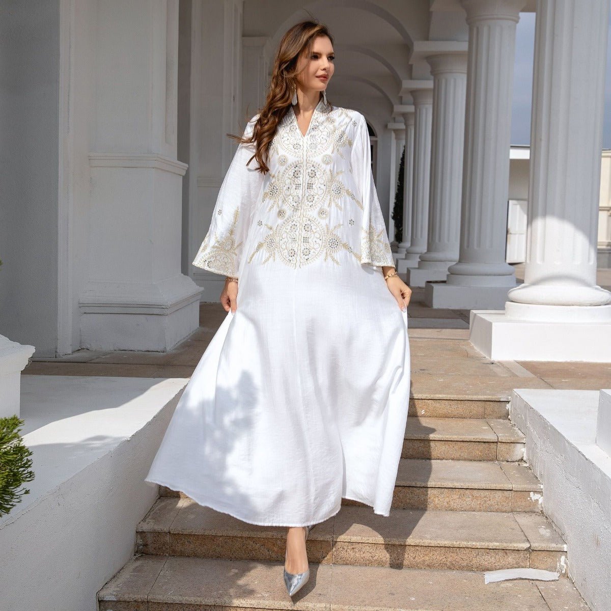 Elegant Embroidered Abaya Gown | Gold Thread & Sequin Maxi Dress with Flared Sleeves(MA285) - Mariam's Collection
