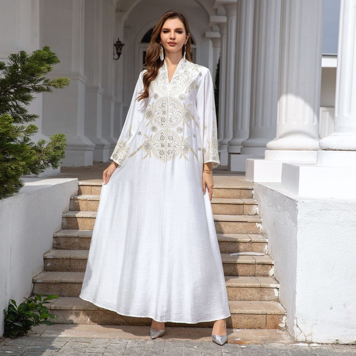 Elegant Embroidered Abaya Gown | Gold Thread & Sequin Maxi Dress with Flared Sleeves(MA285) - Mariam's Collection
