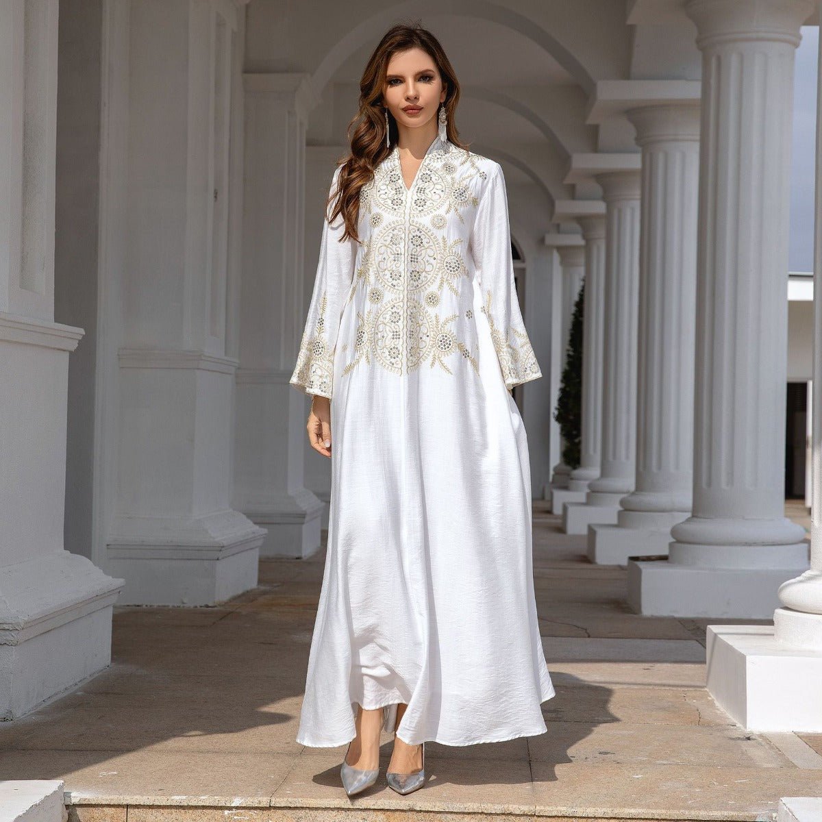 Elegant Embroidered Abaya Gown | Gold Thread & Sequin Maxi Dress with Flared Sleeves(MA285) - Mariam's Collection