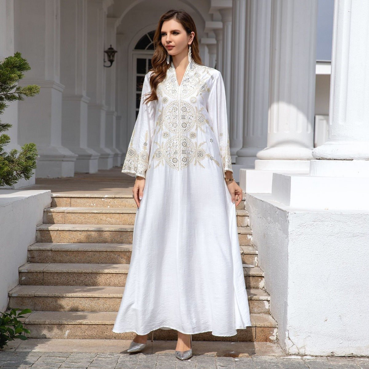 Elegant Embroidered Abaya Gown | Gold Thread & Sequin Maxi Dress with Flared Sleeves(MA285) - Mariam's Collection