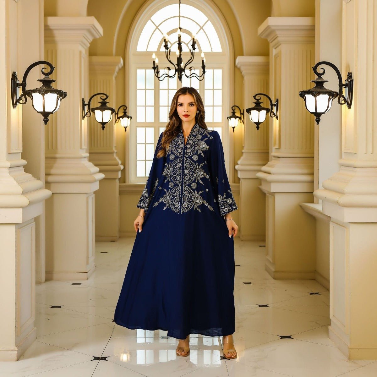 Elegant Embroidered Abaya Gown | Gold Thread & Sequin Maxi Dress with Flared Sleeves(MA285) - Mariam's Collection