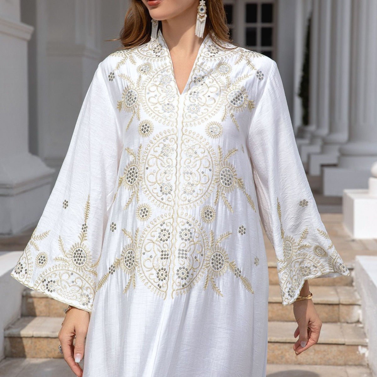 Elegant Embroidered Abaya Gown | Gold Thread & Sequin Maxi Dress with Flared Sleeves(MA285) - Mariam's Collection