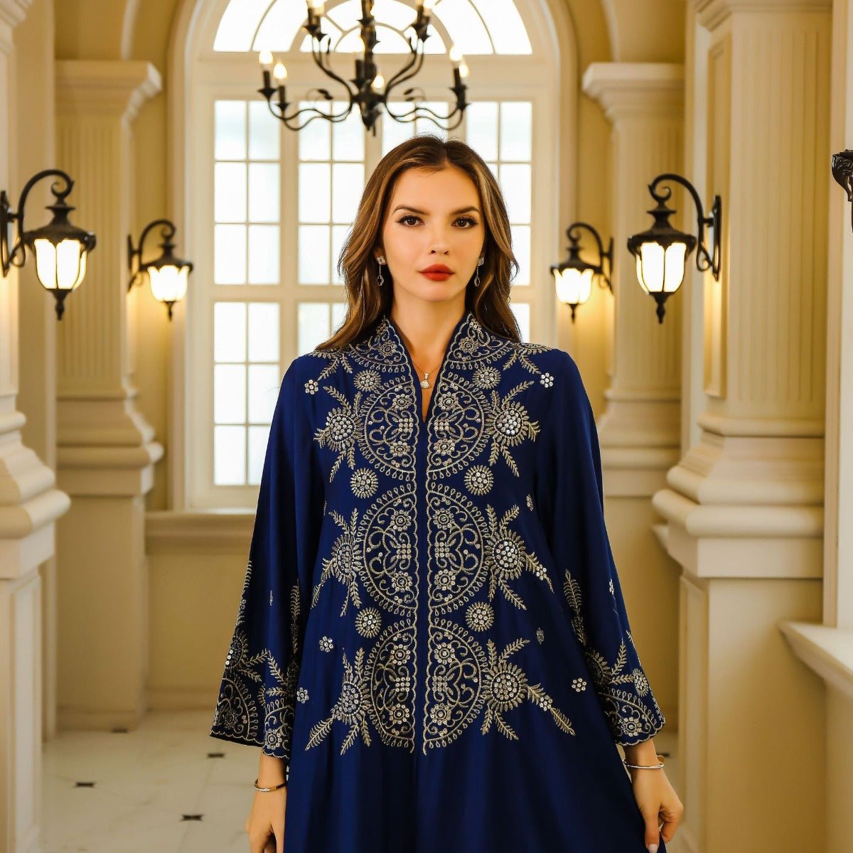 Elegant Embroidered Abaya Gown | Gold Thread & Sequin Maxi Dress with Flared Sleeves(MA285) - Mariam's Collection