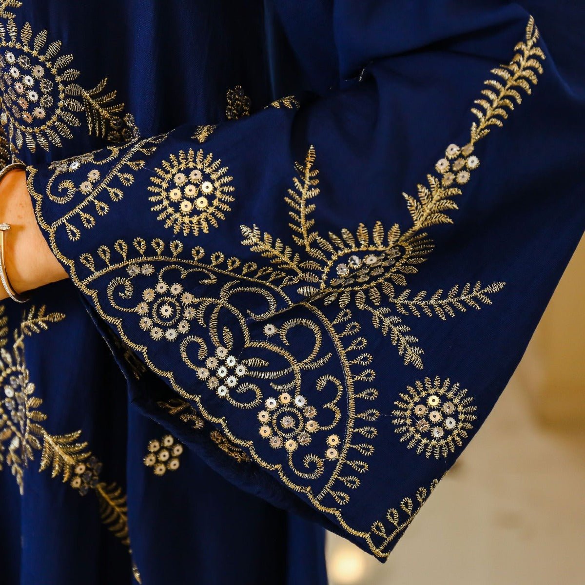 Elegant Embroidered Abaya Gown | Gold Thread & Sequin Maxi Dress with Flared Sleeves(MA285) - Mariam's Collection