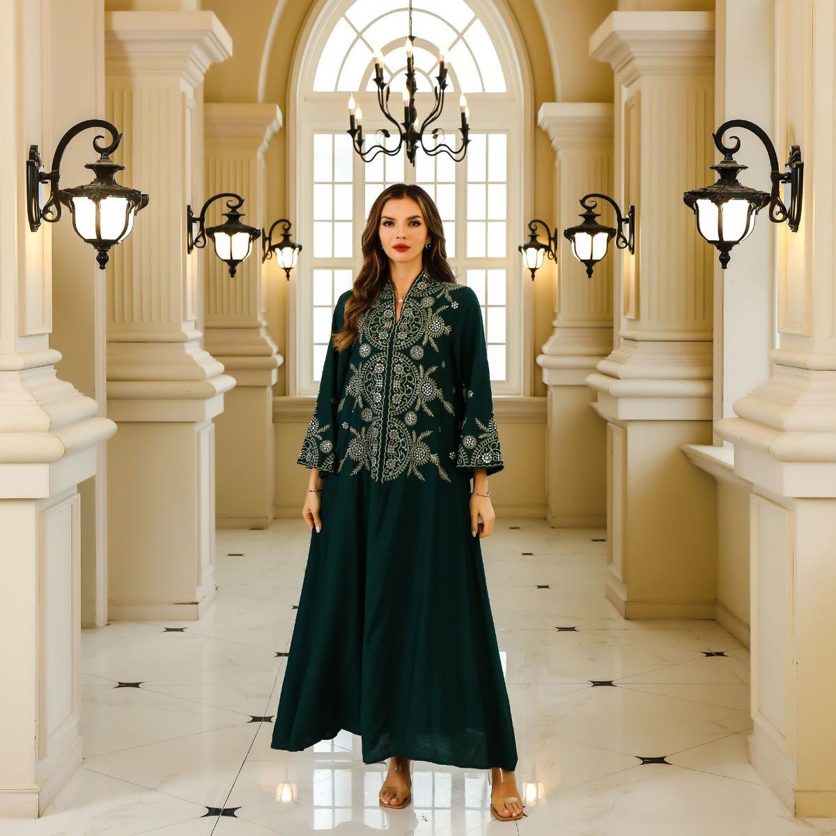 Elegant Embroidered Abaya Gown | Gold Thread & Sequin Maxi Dress with Flared Sleeves(MA285) - Mariam's Collection