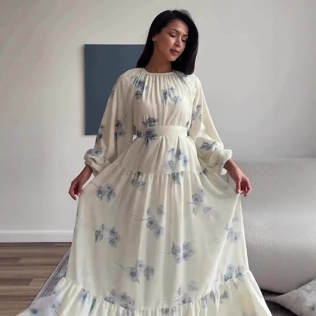 Elegant Floral Print Puff Sleeve Maxi Dress Abaya with Waist Tie & Tiered Skirt. (MA196) - Mariam's Collection