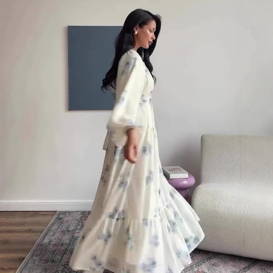 Elegant Floral Print Puff Sleeve Maxi Dress Abaya with Waist Tie & Tiered Skirt. (MA196) - Mariam's Collection