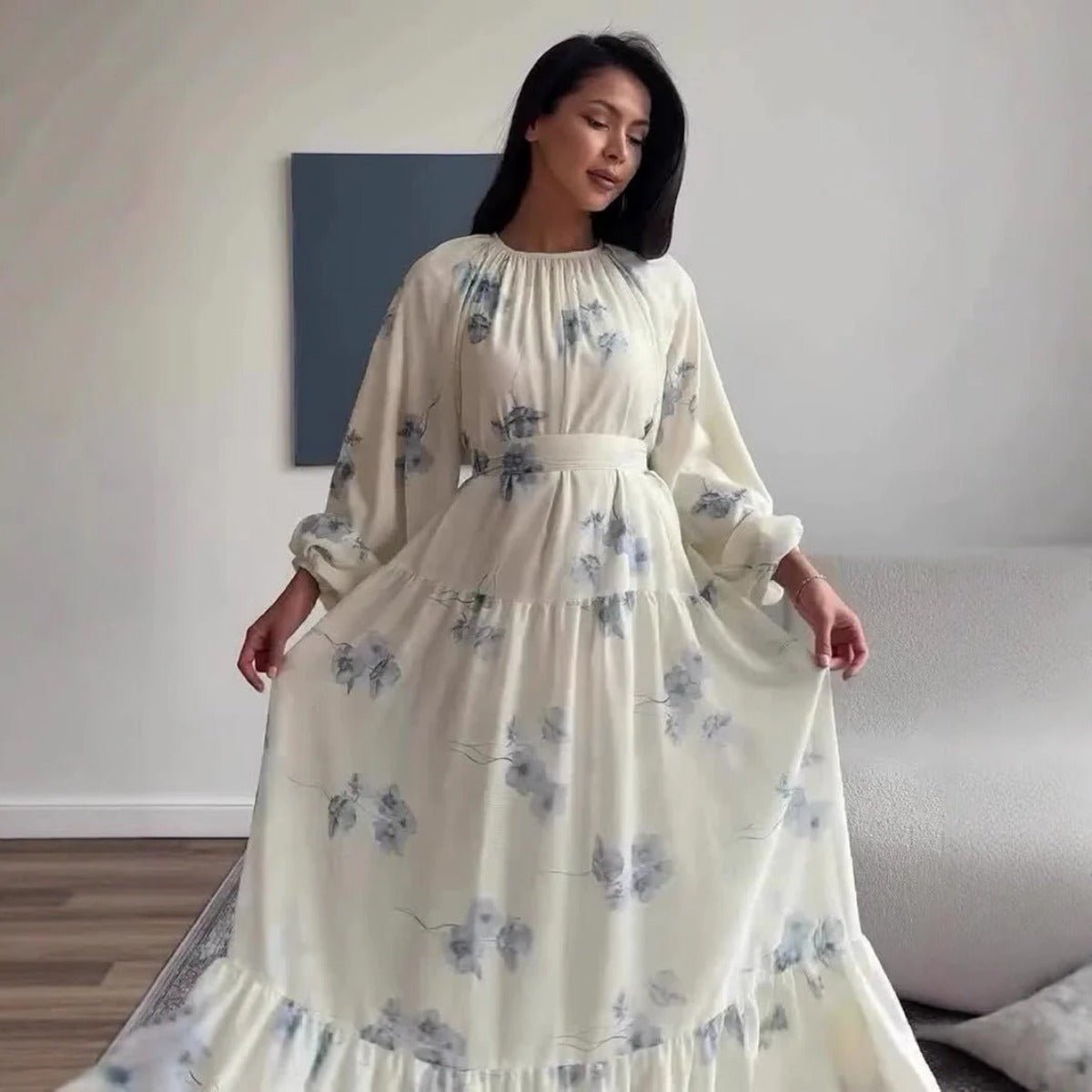 Elegant Floral Print Puff Sleeve Maxi Dress Abaya with Waist Tie & Tiered Skirt. (MA196) - Mariam's Collection