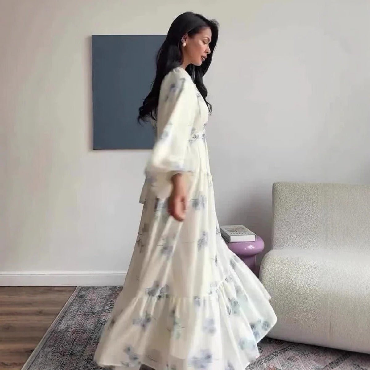 Elegant Floral Print Puff Sleeve Maxi Dress Abaya with Waist Tie & Tiered Skirt. (MA196) - Mariam's Collection