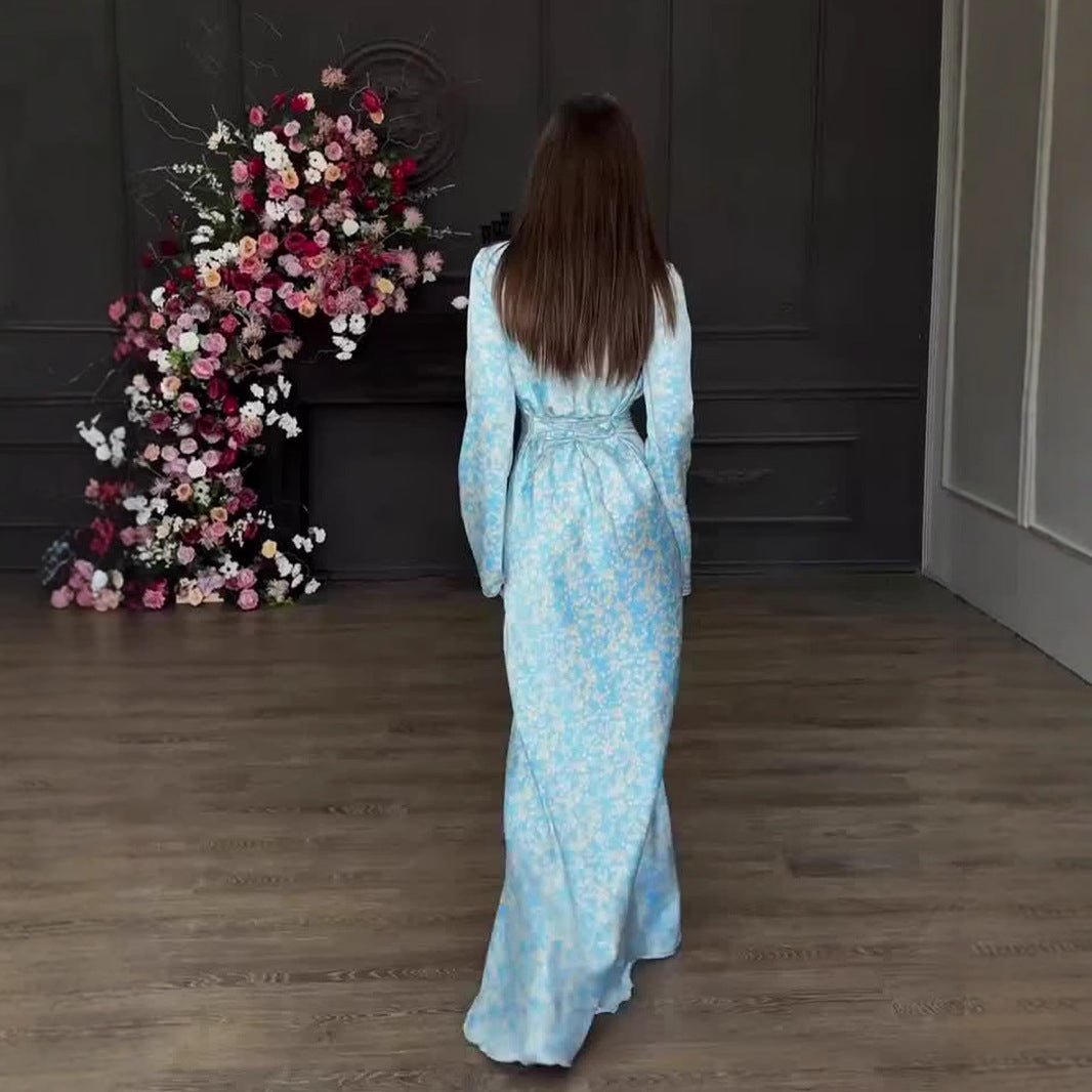 Elegant Floral Print V - Neck Bell Sleeve Long Dress Abaya. (MA211) - Mariam's Collection