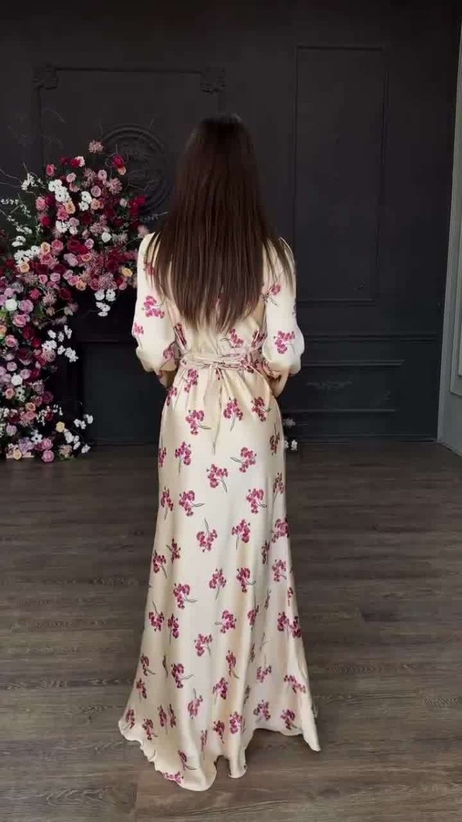 Elegant Floral Print V - Neck Bell Sleeve Long Dress Abaya. (MA211) - Mariam's Collection