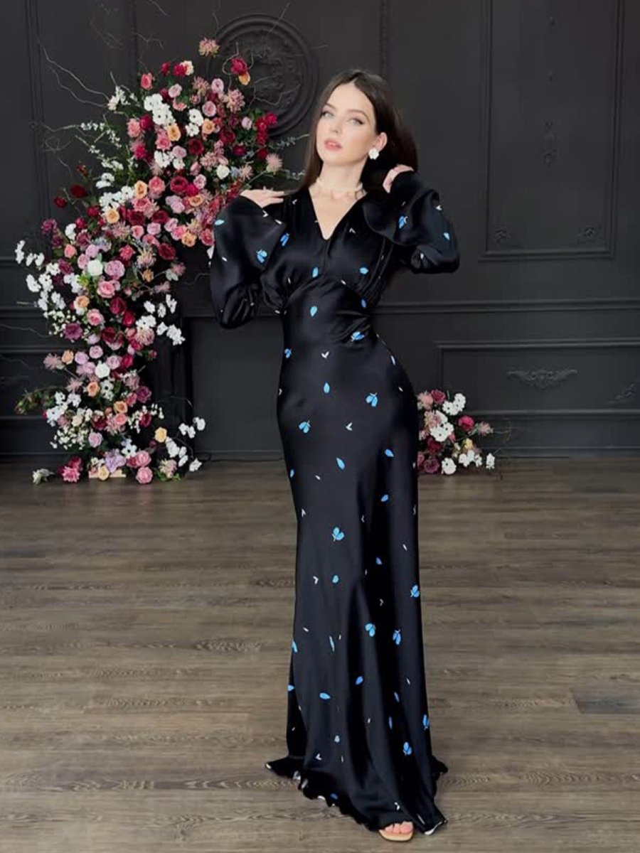 Elegant Floral Print V - Neck Bell Sleeve Long Dress Abaya. (MA211) - Mariam's Collection