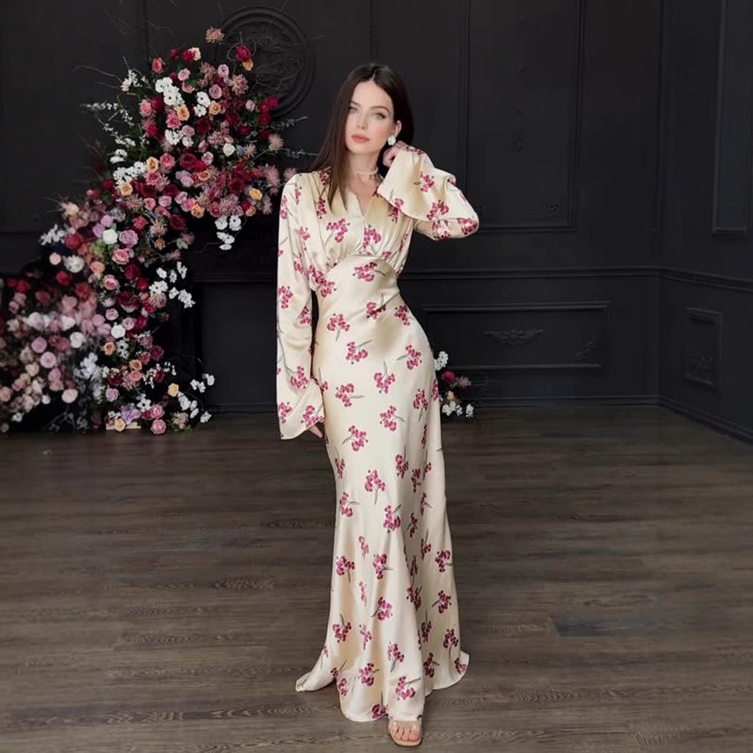 Elegant Floral Print V - Neck Bell Sleeve Long Dress Abaya. (MA211) - Mariam's Collection