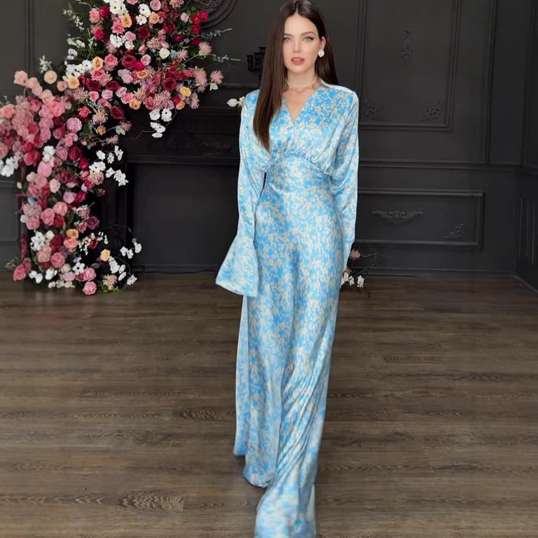 Elegant Floral Print V - Neck Bell Sleeve Long Dress Abaya. (MA211) - Mariam's Collection