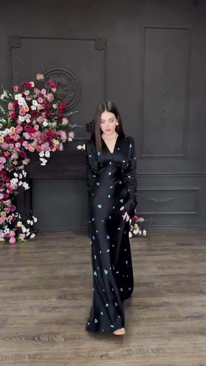 Elegant Floral Print V - Neck Bell Sleeve Long Dress Abaya. (MA211) - Mariam's Collection
