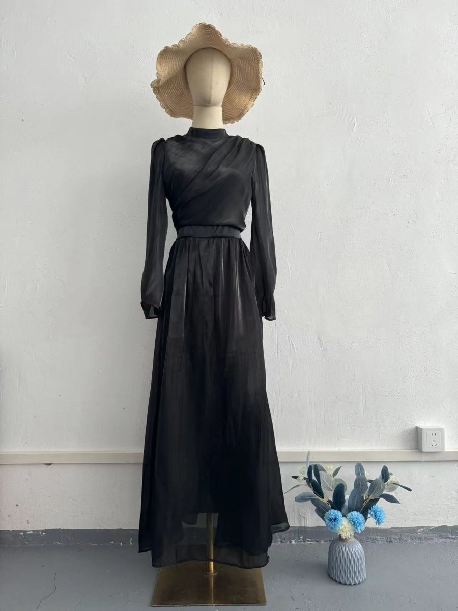 Elegant French Waist Pleated Half-Turtleneck Flared Sleeve Dresses Abaya Wedding Guest Gown (MA199), Black / XXL Elegant French Waist Pleated Half-Turtleneck Flared Sleeve Dresses Abaya Wedding Guest Gown (MA199), Black / XXL