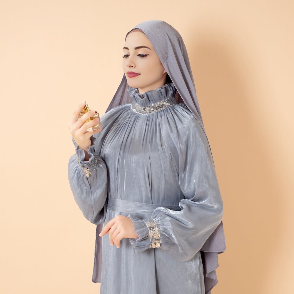 Elegant Glossy Flower Cuff Sequinned Abaya (MA140) - Mariam's Collection