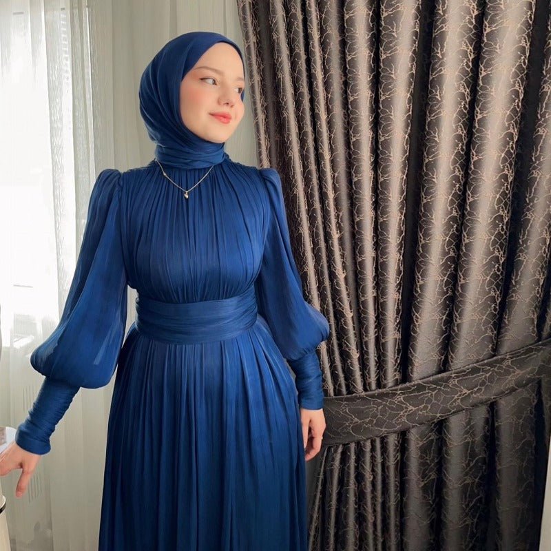 Elegant Half - Turtleneck Princess Sleeve Dress Set with Belt | Pleated Full Skirt Two - Piece(MA320) - Mariam's Collection