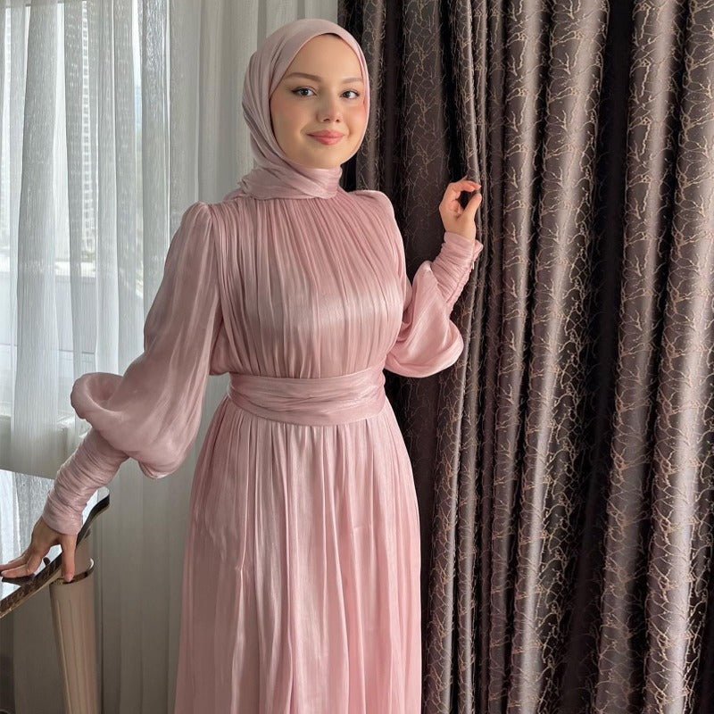 Elegant Half - Turtleneck Princess Sleeve Dress Set with Belt | Pleated Full Skirt Two - Piece(MA320) - Mariam's Collection
