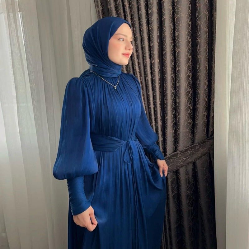 Elegant Half - Turtleneck Princess Sleeve Dress Set with Belt | Pleated Full Skirt Two - Piece(MA320) - Mariam's Collection