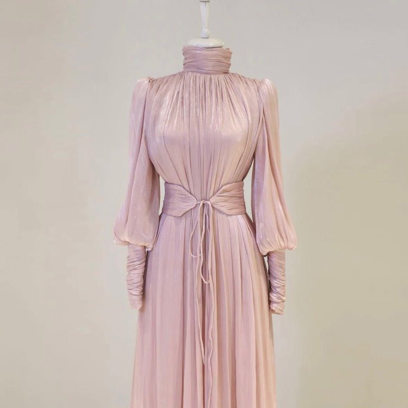 Elegant Half - Turtleneck Princess Sleeve Dress Set with Belt | Pleated Full Skirt Two - Piece(MA320) - Mariam's Collection