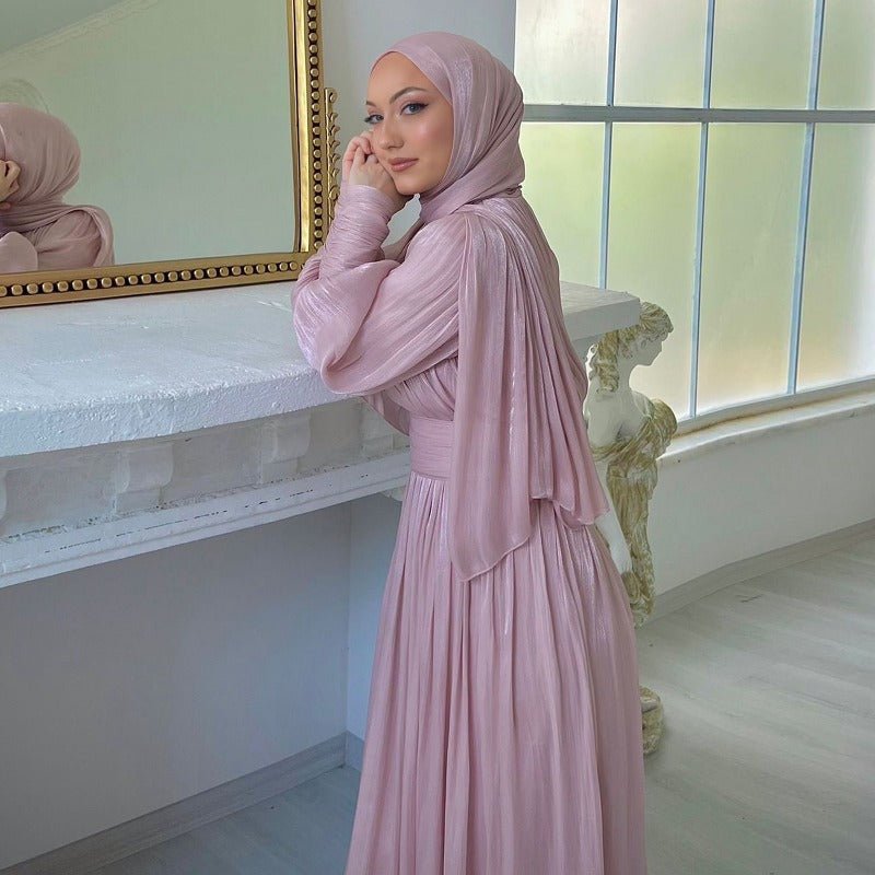 Elegant Half - Turtleneck Princess Sleeve Dress Set with Belt | Pleated Full Skirt Two - Piece(MA320) - Mariam's Collection