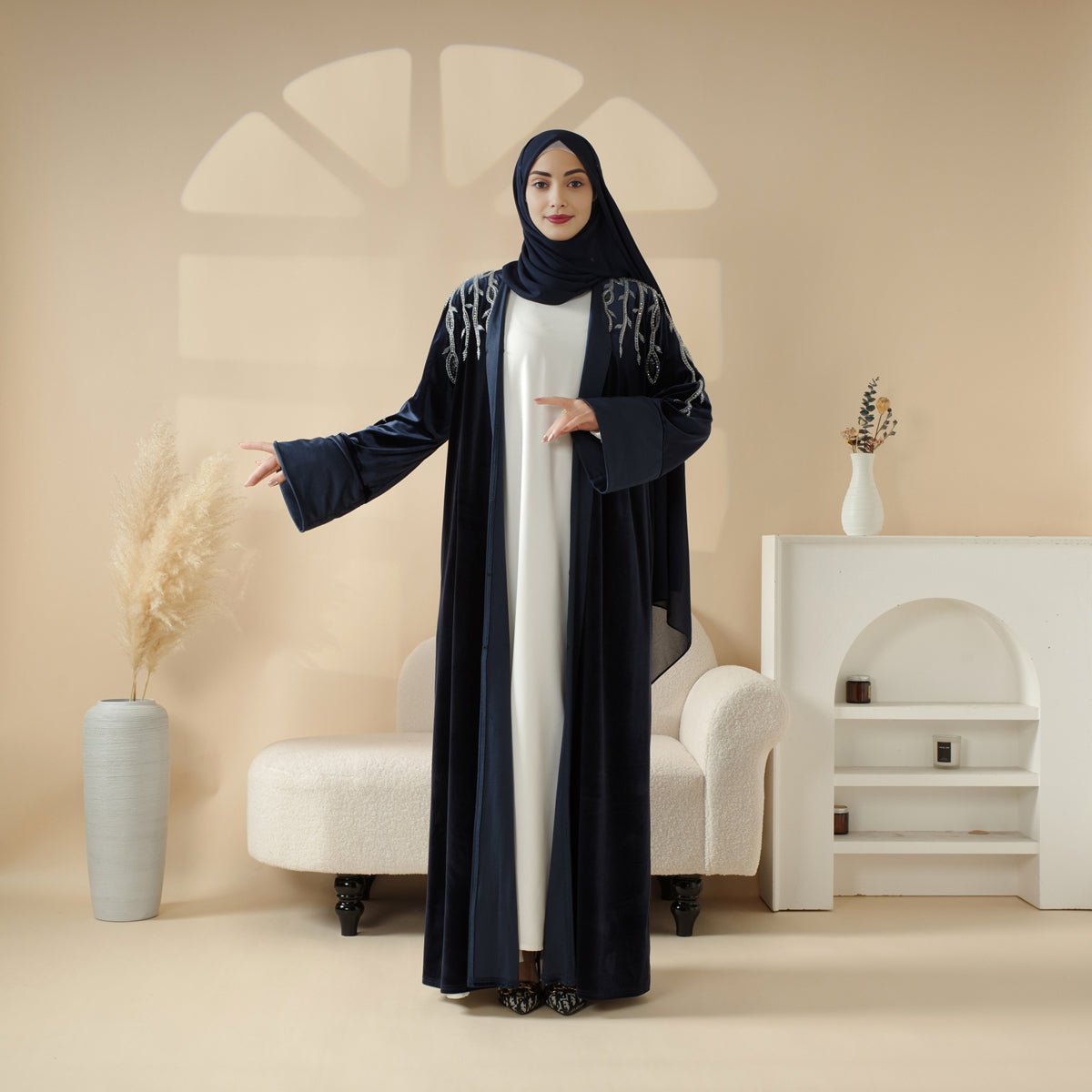 Elegant Hand - Stitched Beaded Luxury Velvet Open Abaya (MOA106) - Mariam's Collection