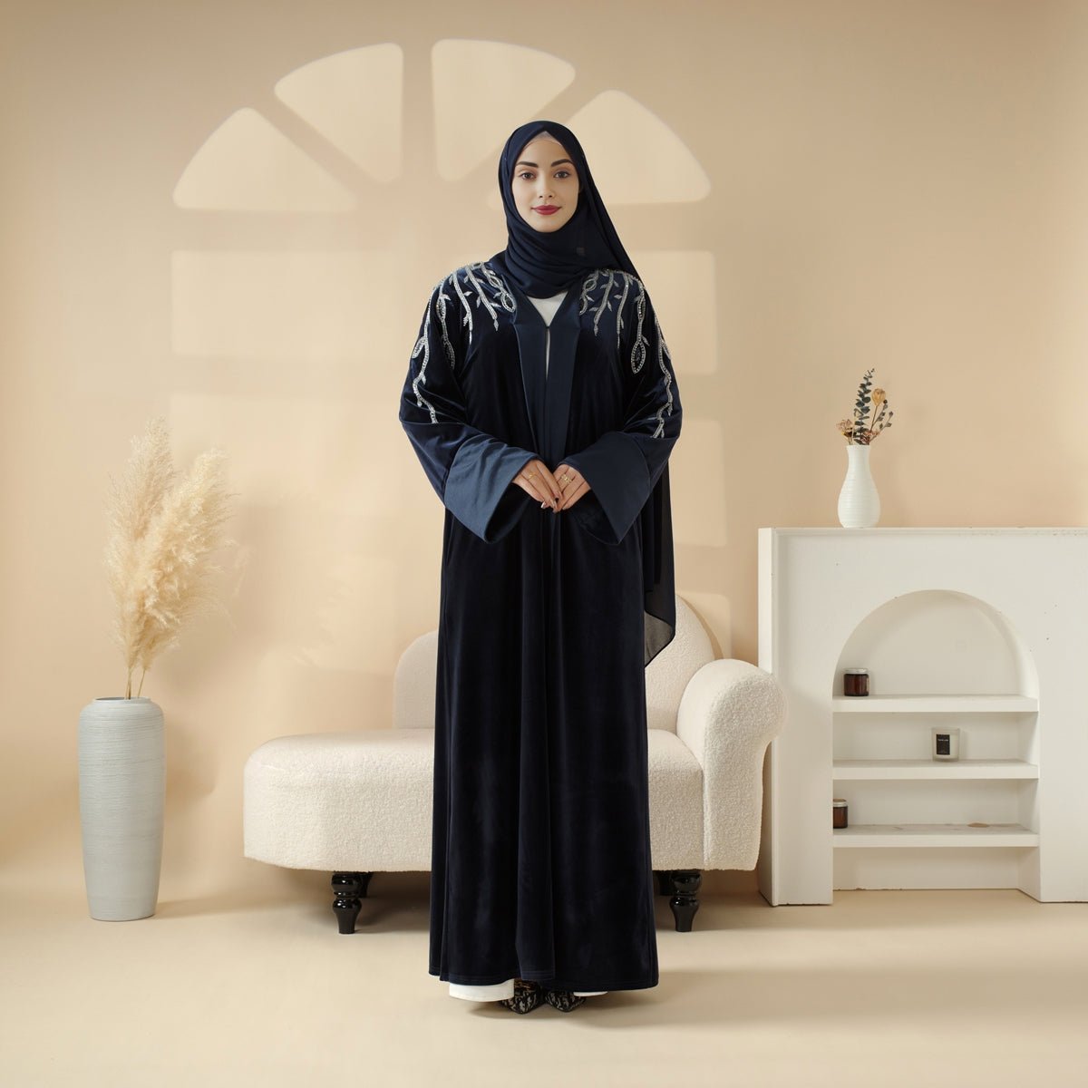 Elegant Hand - Stitched Beaded Luxury Velvet Open Abaya (MOA106) - Mariam's Collection