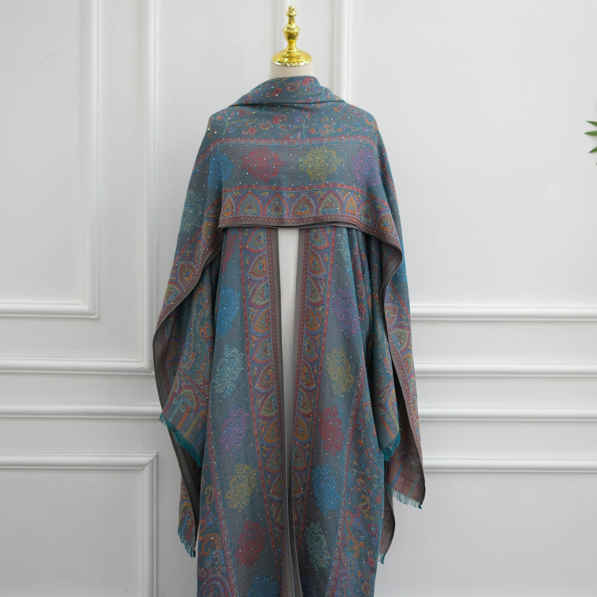 Elegant Jacquard Rhinestone Cardigan & Hijab 2-Piece Set(MOA349) - Mariam's Collection