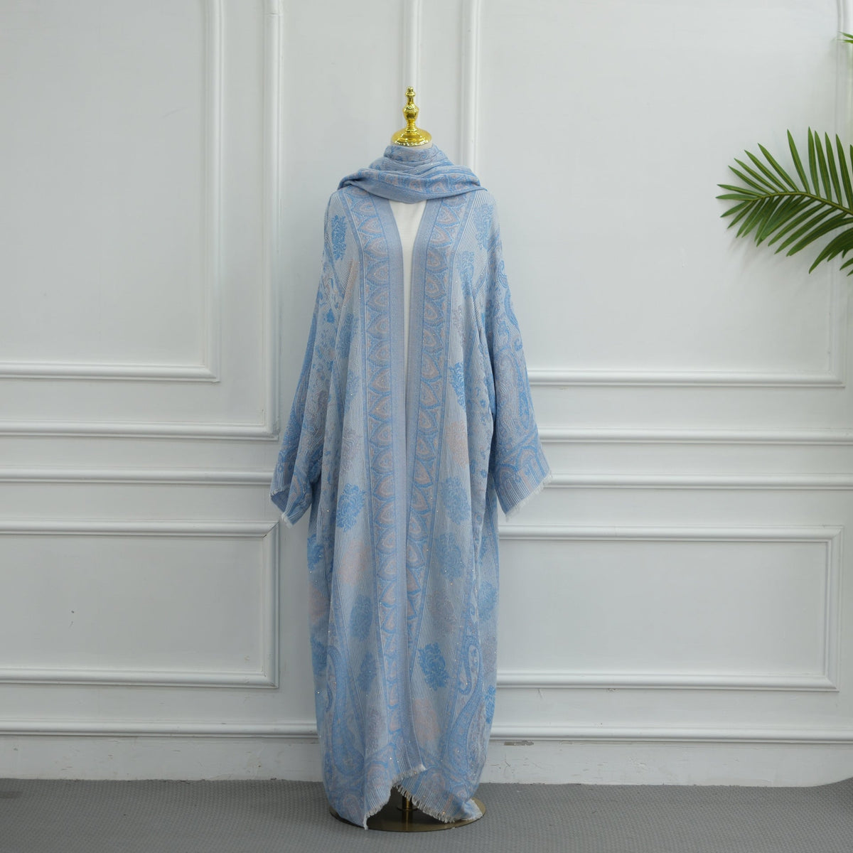 Elegant Jacquard Rhinestone Cardigan & Hijab 2-Piece Set(MOA349) - Mariam's Collection