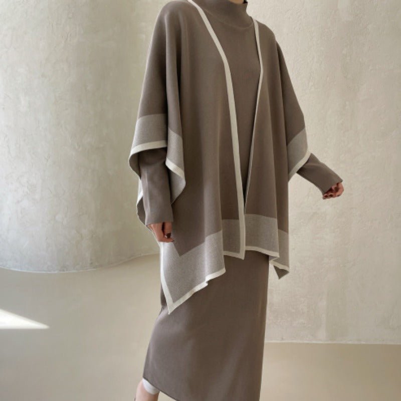 maxi dress and shawl Elegant Knit Shawl & Half-Turtleneck Maxi Dress Set
